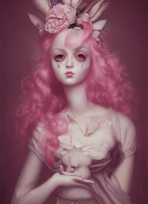 Prompt: pop surrealism, lowbrow art, realistic cute pink dress painting, hyper realism, muted colours, rococo, natalie shau, loreta lux, tom bagshaw, mark ryden, trevor brown style