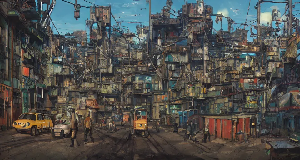 Image similar to a industrial STEAMPUNK CITY Street scenery in the FAVELAS, signs, billboards and cable Connecting MULTI LVL BUILDINGS, rendered by simon stålenhag, rendered by Beeple, Makoto Shinkai, syd meade, environment concept, digital art, starwars, Gundam Style, unreal engine, 3 point perspective, WLOP, trending on artstation, low level, 4K UHD image, octane render,