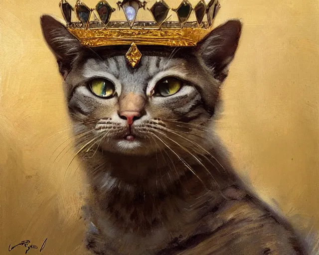 Image similar to portrait of a humanoid cat king with a crown,, highly detailed painting by gaston bussiere, craig mullins, j. c. leyendecker 8 k