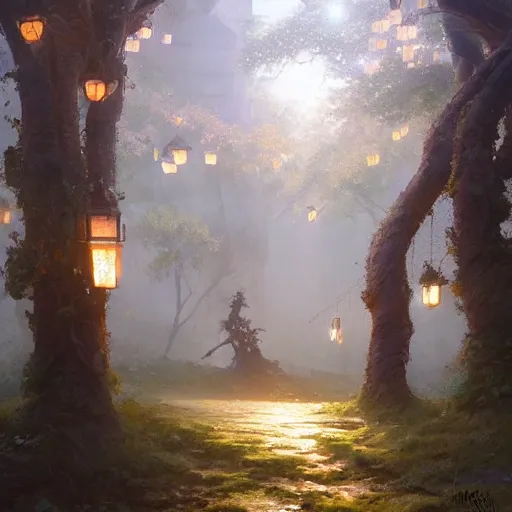 Image similar to Concept art, beautiful painting of a gingko tree, shining its light among lanterns, 8k, james gurney, greg rutkowski, john howe, artstation