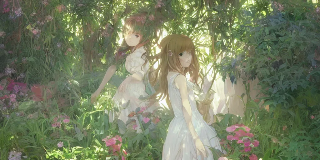 Image similar to a digital art of a loli with long hair in a dress in the privet garden at after noon, green and warm theme, back lighting, by krenz cushart and mucha and akihito yoshida and greg rutkowski and makoto shinkai, extremely long shot, detailed eyes, 4 k resolution, trending on art station