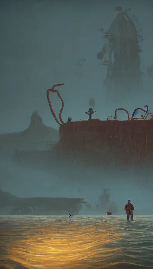 Image similar to man on boat crossing a body of water in hell with creatures in the water, sea of souls, by simon stalenhag