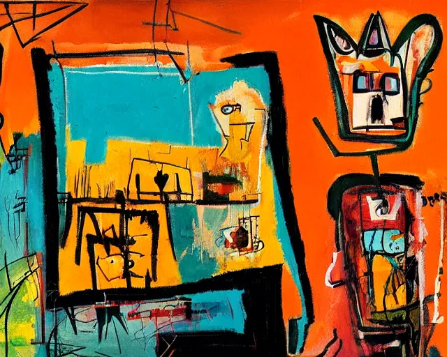 Prompt: painting of a an orange cat with the city behind it by graham sutherland, basquiat, neo - expressionism, muted colors!!!
