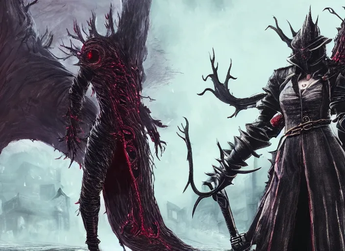 Image similar to misato katsuragi as a boss in bloodborne, dark souls boss, eldritch imagery, evil creature, epic battle, dangerous cinematic, concept art, gothic, highly detailed