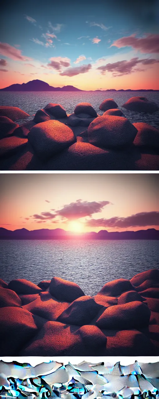 Image similar to super detailed color lowpoly art, northern sunset with rocks on front, monochrome photorealistic bay in the middle of perspective and mountains at background, big graphic ship in random point of bay, unreal engine, high contrast color palette, 3 d render, lowpoly, colorful, digital art, perspective