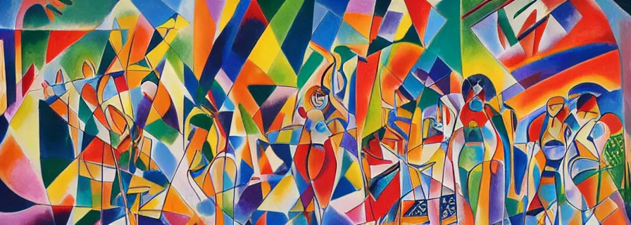 Image similar to party in jungles, girls with a slim figure in carnival skirts and guys in polygonal print shorts dance to the sound of ethnic drums, author zima blue, very elongated lines, wasily kandinsky, malevich, surrelialism, color splashes, grain