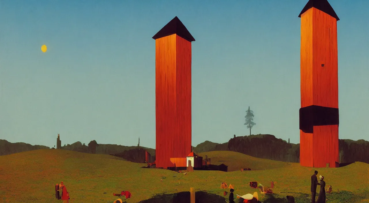 Image similar to single flooded simple fork wooden tower, very coherent and colorful high contrast!! masterpiece by rene magritte simon stalenhag carl spitzweg syd mead norman rockwell edward hopper james gilleard, minimalist, dark shadows, sunny day, hard lighting