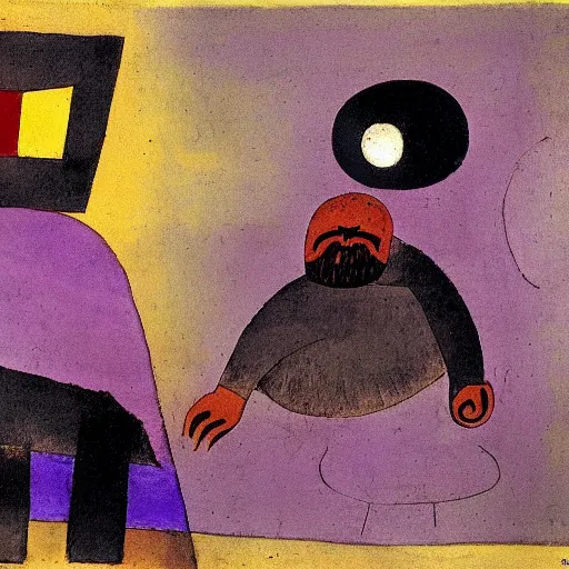 Image similar to paul klee painting of beard grandpa taking a photo to a baby girl