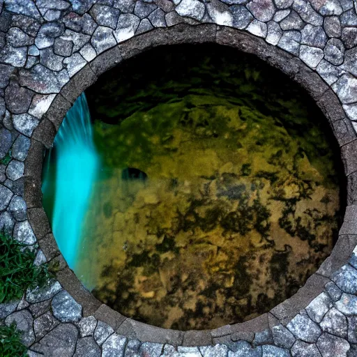 Image similar to A great round hole gaped in the side of a lofty stone wall, and from it came an unceasing drip, drip of water. The pool below was very wide and darkly deep, with secretive fish swimming in shadowed mystery, but never coming to the surface.