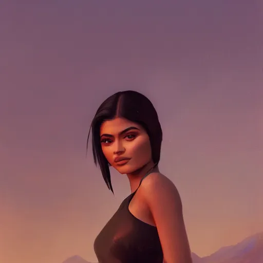 Image similar to a closeup portrait of a kylie jenner, dramatic light, lake background, sunset, dark, painted by stanley lau, painted by greg rutkowski, painted by stanley artgerm, digital art, trending on artstation