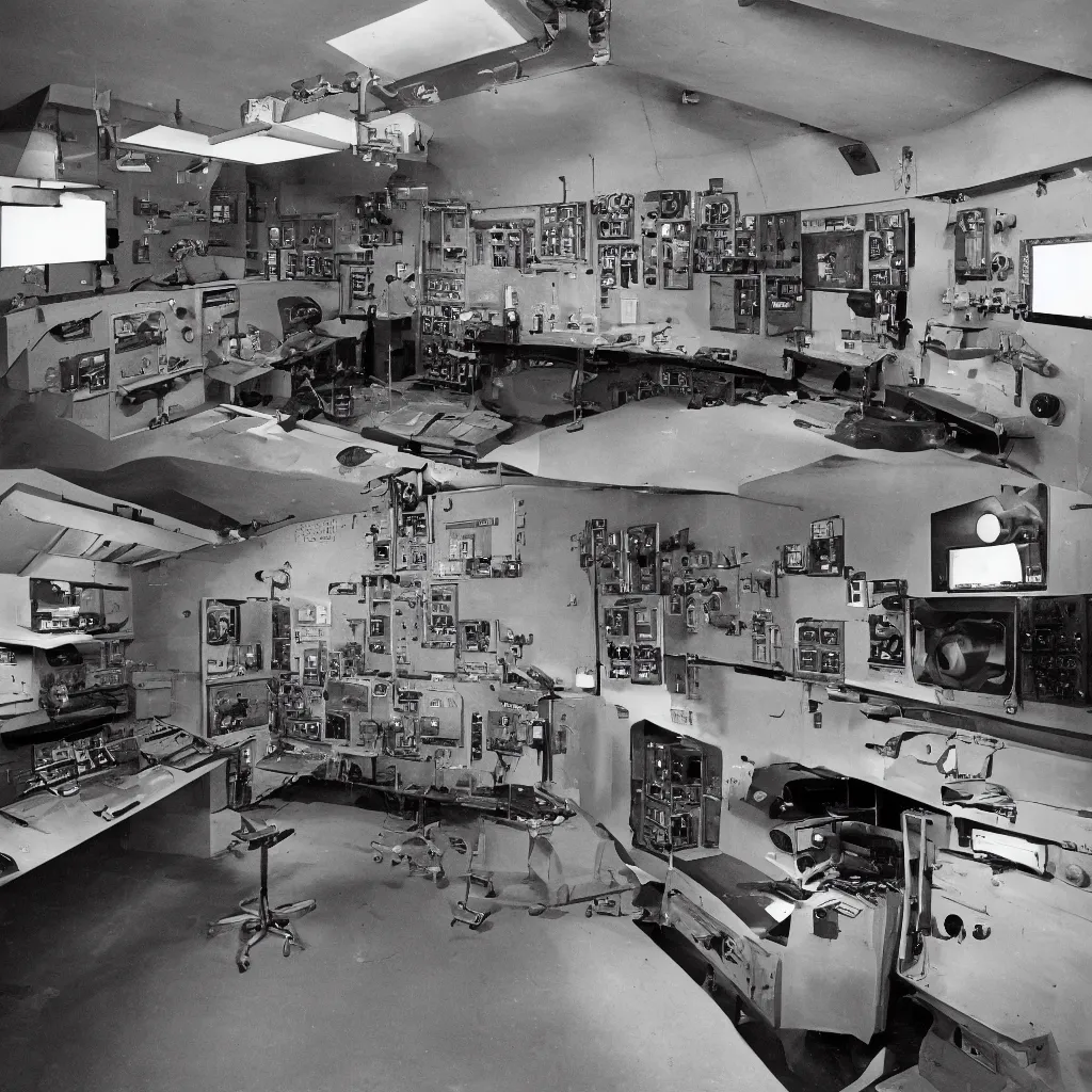 Prompt: top secret room made from steel and concrete full of electrical cold war era missile control equipment and displays, very sharp edges, militaristic, tidy surfaces, cathode ray tube display surveillance camera image, 1 9 6 0's