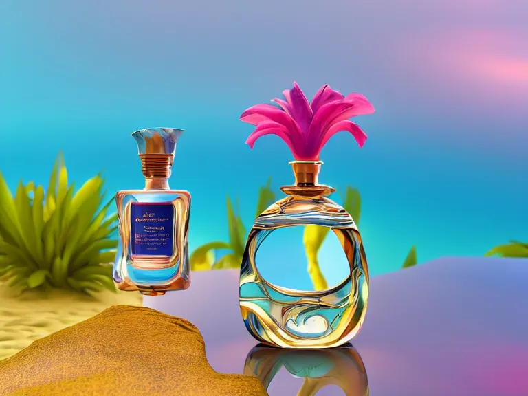 Prompt: perfume bottle standing in a desert oasis in deep blue pond water surrounded by tropical flowers by zaha hadid ; octane highly render, 4 k, ultra hd, 2 0 0 mm, mute dramatic colours, soft blur outdoor stormy sea background, up close shot, sharp focus, global illumination, irakli nadar