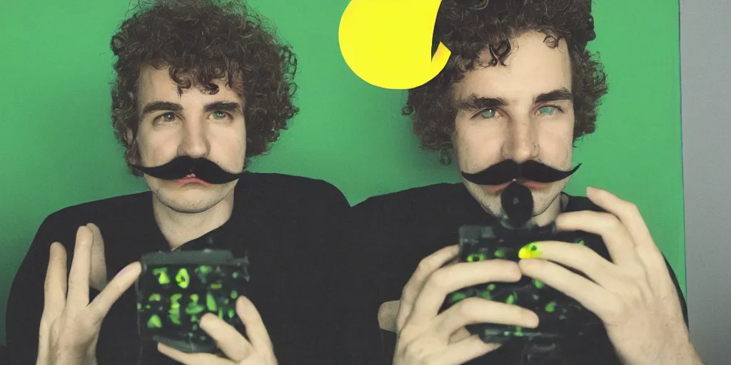 Image similar to french white man with puffy hair, mustache and a green sitting on a black chair in his room looking at the camera, photorealistic, webcam, yellow lightning