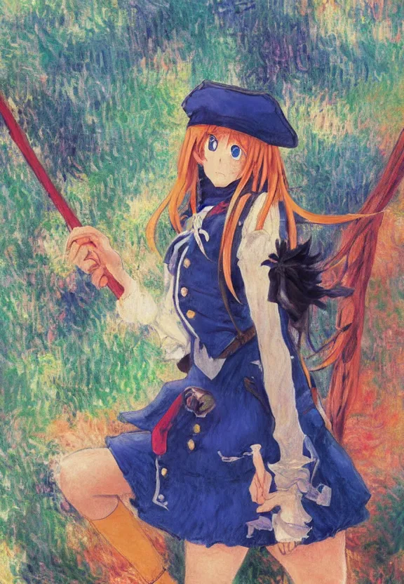 Image similar to wide angle painting of a teenage pirate girl, a thrifty uniform, somewhat of an anime in impressionist style, trending artwork, illustrated in anime painter studio, by claude monet and an anime artist, collaboration