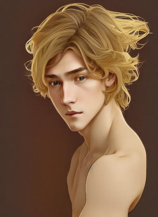 Image similar to pretty young man with shoulder length shiny shimmering golden blond hair, half body shot, path traced, highly detailed, high quality, digital painting, by studio ghibli and alphonse mucha, leesha hannigan, hidari, disney