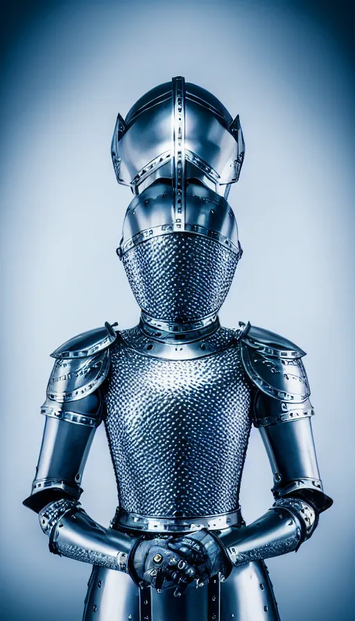 Image similar to female knight, no helmet, blue eyes, armor created by louis vuitton, lv logos all over the metal, symmetrical, cinematic, elegant, professional studio light, real dlsr photography, sharp focus, 4 k, ultra hd, sense of awe