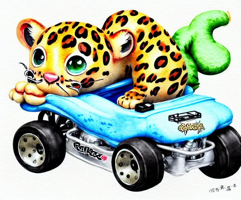 Image similar to cute and funny, baby leopard riding in a tiny go kart with oversized engine, ratfink style by ed roth, centered award winning watercolor pen illustration, isometric illustration by chihiro iwasaki, edited by range murata, tiny details by artgerm and watercolor girl, symmetrically isometrically centered