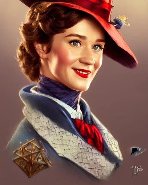 Image similar to Mary Poppins (1964) smiling and looking to the side, D&D, fantasy, intricate, elegant, highly detailed, digital painting, artstation, concept art, matte, sharp focus, illustration, hearthstone, art by Artgerm and Greg Rutkowski and Alphonse Mucha