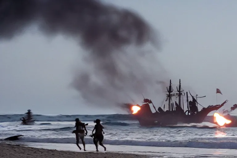 Image similar to closeup pirate crew running down beach as pirate ship fires canons, sand explosion 2 0 0 mm by emmanuel lubezki