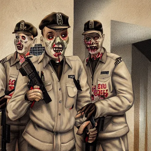 Image similar to zombie security officers from 1 9 6 0 with glowing pale red skin in beige uniforms and caps holding bullpup rifles in a brutalist office setting trending on artstation digital painting 4 k sharp detail high quality