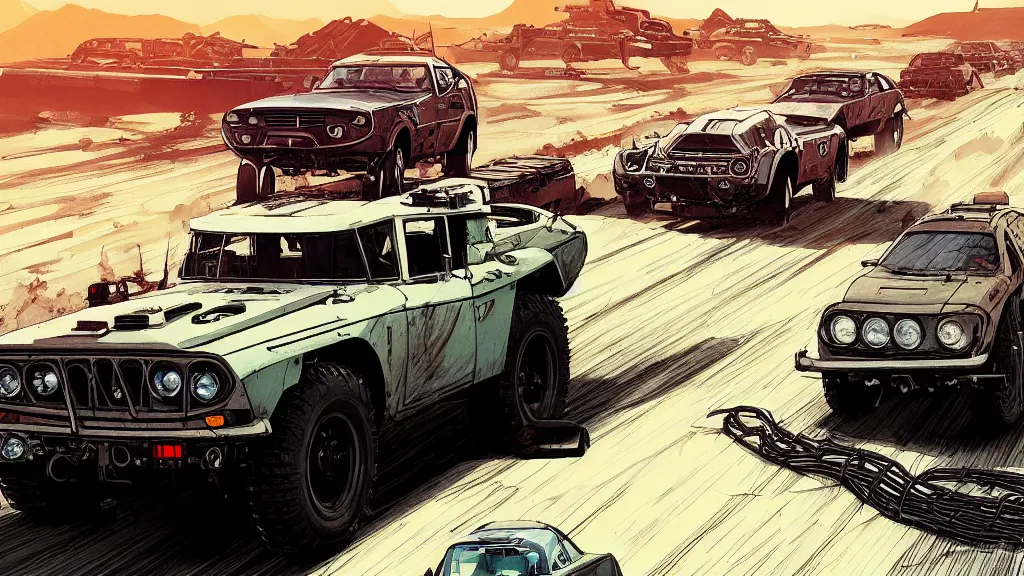 Image similar to digital illustration of mad max's fj 4 0 pursuit special, the last v 8 interceptor driving down a deserted valhalla highway in the middle of the day by studio ghibli, anime style year 2 0 9 3, by makoto shinkai, ilya kuvshinov, lois van baarle, rossdraws, basquiat