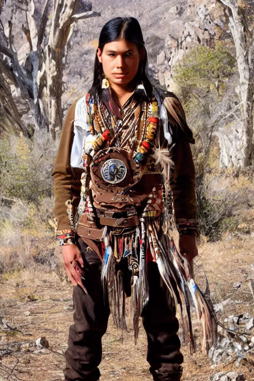 Image similar to young thin native American Indian man, wearing cargo buckskin jacket buckskin tactical toolbelt pockets bandolier full of trinket and baubles, steampunk arcane shaman, deadlands, weird west