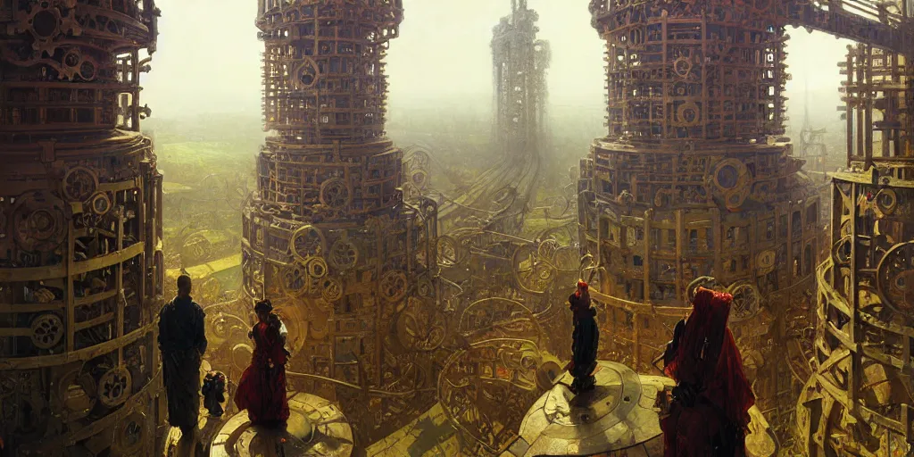 Prompt: giant interlocked gears clockwork, giant mechanisms, industry, villages castles, buildings vista artstation illustration sharp focus sunlit vista painted by ruan jia raymond swanland lawrence alma tadema zdzislaw beksinski norman rockwell tom lovell alex malveda greg staples