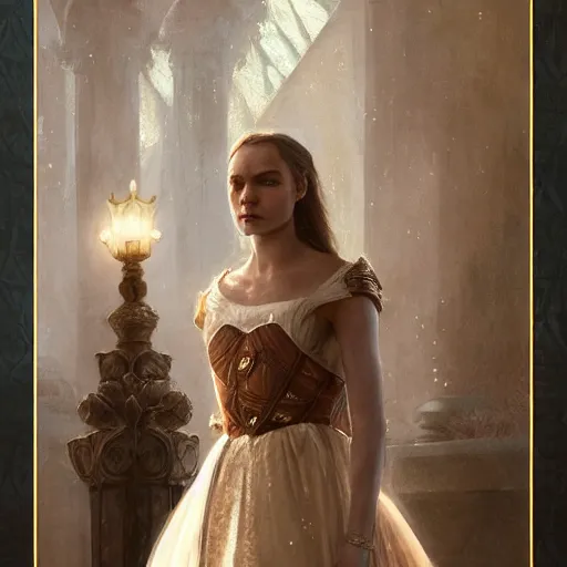 Image similar to Princess at a royal banquet, elegant dress, intricate, matte, 8K, warm lighting, large staircase, royalty, ultra detail, medieval-fantasy, concept art, cinematic, art by Leesha Hannigan and Greg Rutkowski, beautiful face, high detailed facial features, masterpiece, award-winning