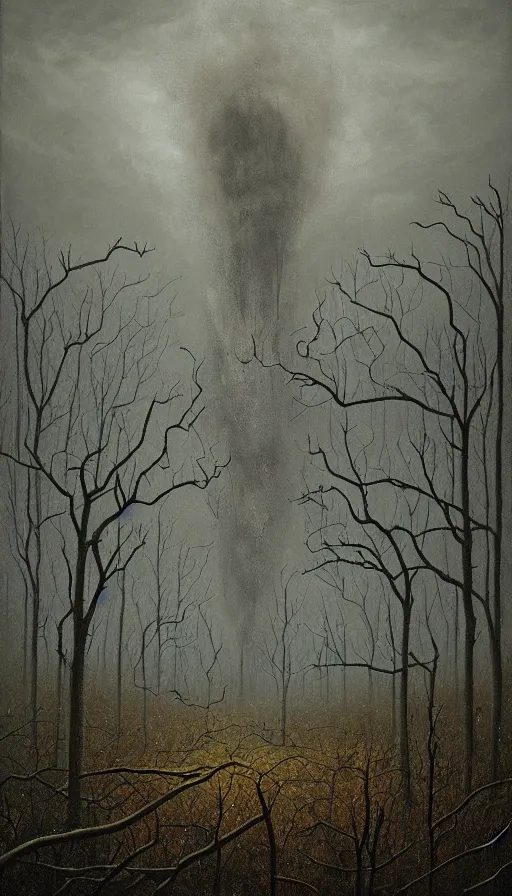 Image similar to a storm vortex made of many demonic eyes and teeth over a forest, by lee madgwick