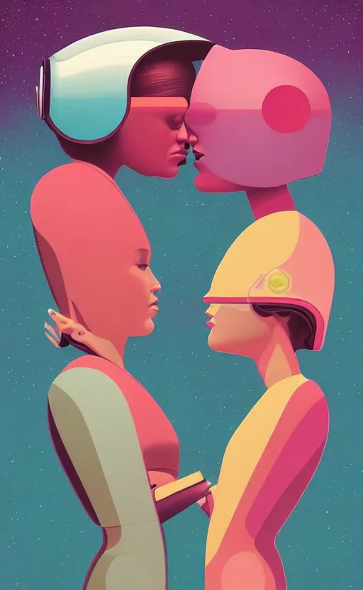 Prompt: portrait of two girl kissing each other and wearing a futuristic helmet by Petros Afshar and Beeple, James Gilleard, Mark Ryden, Wolfgang Lettl highly detailed