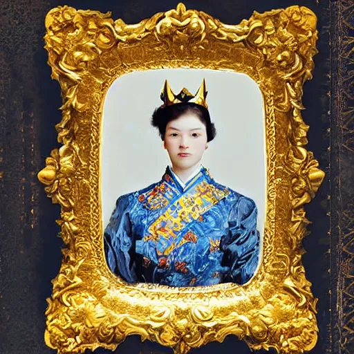 Image similar to a wide full shot, russian and japanese mix 1 9 0 0 s historical fantasy of a photograph taken of a royal gold crown with white and yellow flowers with blue leaves, photographic portrait, warm lighting, from an official photographer from the royal museum. displayed in a museum.