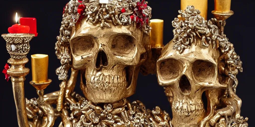 Image similar to intricate statue with gold and silver leafs, skulls, candles and red crystals, by Andres Rios, H 576