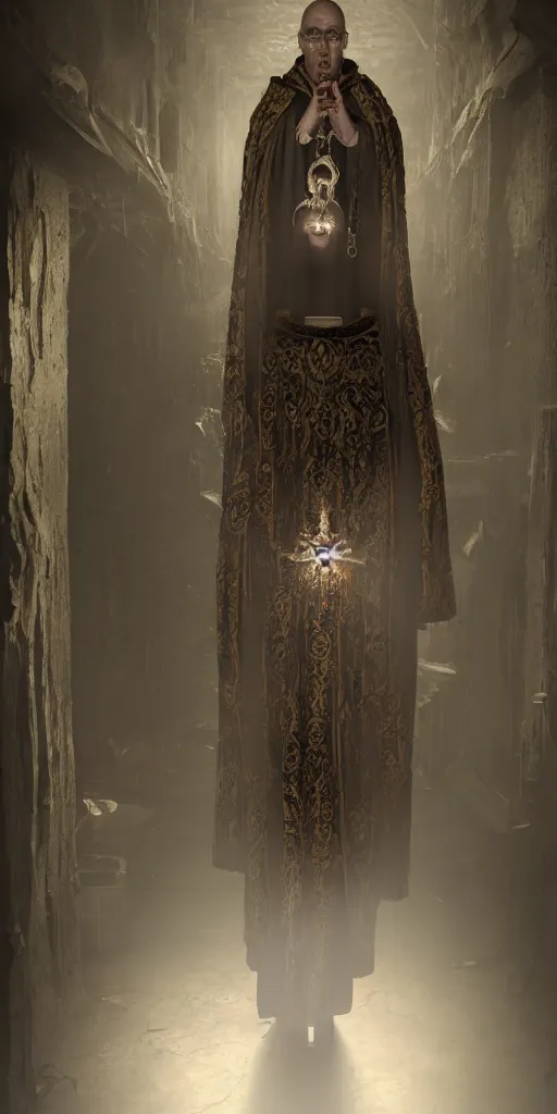 Image similar to a highly realistic and detailed full Priest standing in a dark dirty basement holding a rosary, wide angle 70mm lens, volumetric haze, front facing camera, symmetrical, photorealistic, insanely detailed and intricate, epic, hyper realistic, elegant, ornate, elite, horror, creepy, ominous, haunting, cinematic lighting, unreal engine, cinematic centered camera, high detail, no blur, unreal engine 8k