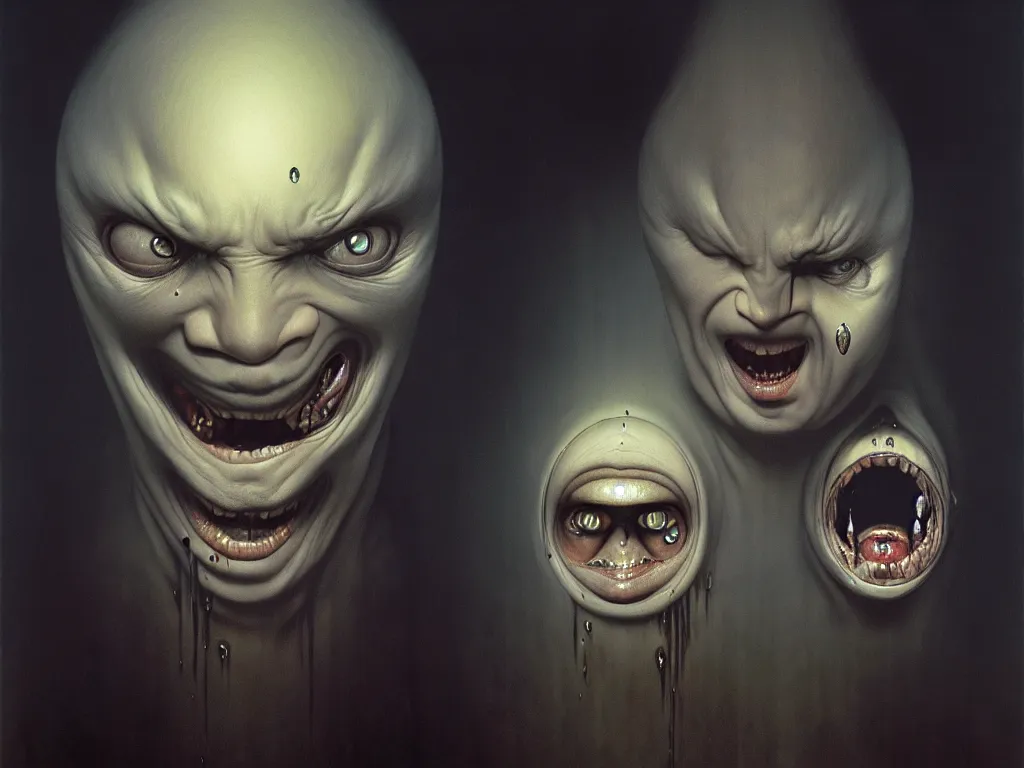 Prompt: a face split in two, one side furious and the other calm, one eye in the middle of the forehead with tears streaming down, large room with faceless beings watching, 4 k, art by jaroslaw jasnikowski