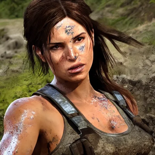 Image similar to film scene lara croft emerges from the river water, her face is covered with mud, part of the body is still in the river, it looks sweaty