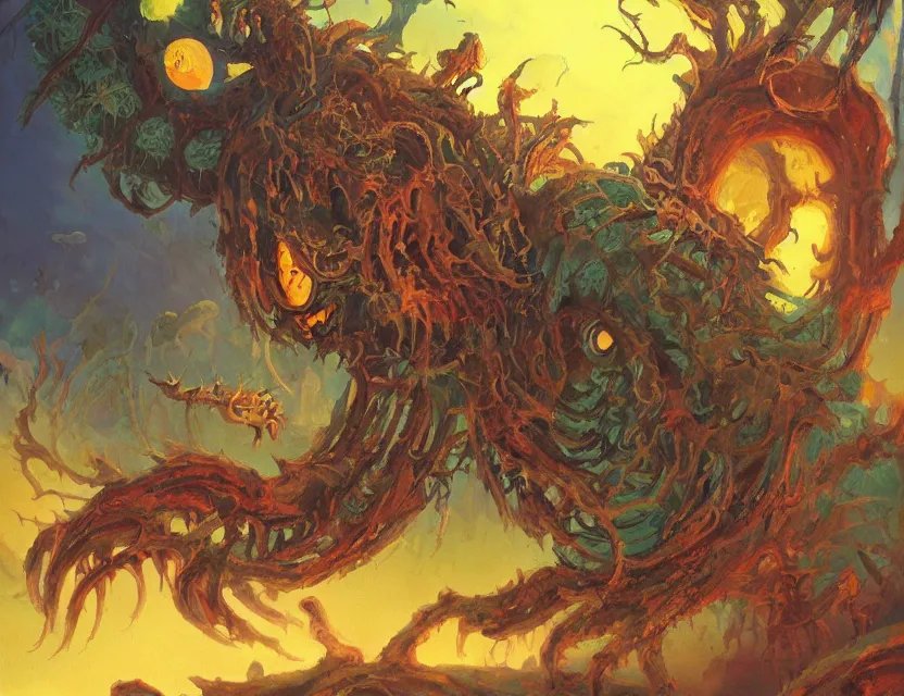 Image similar to otherwordly harbringer of doom. this oil painting by the beloved children's book illustrator has a beautiful composition, interesting color scheme and intricate details.