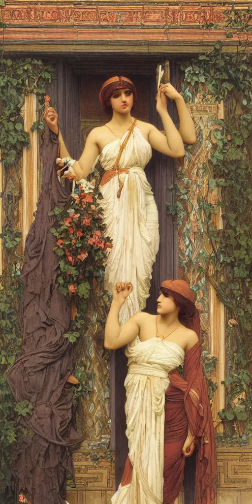 Image similar to at the gate of the temple by john william godward painted by alphonse mucha