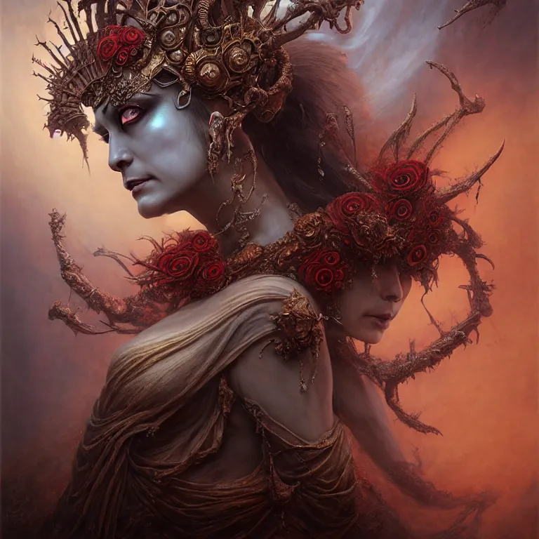 Image similar to a beautiful detailed 3d matte painting of female empress of the dead, by ellen jewett, by tomasz alen kopera, by Justin Gerard, ominous, magical realism, texture, intricate, ornate, royally decorated, skull, skeleton, whirling smoke, embers, red adornements, red torn fabric, radiant colors, fantasy, volumetric lighting, high details