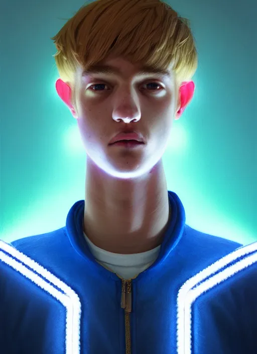 Image similar to portrait of high school senior boy named big moose, blonde short hair, jock, beefy, wide face, square jaw, square facial structure, blue varsity jacket with letter r, intricate, elegant, glowing lights, highly detailed, digital painting, artstation, concept art, sharp focus, illustration, art by wlop, mars ravelo and greg rutkowski