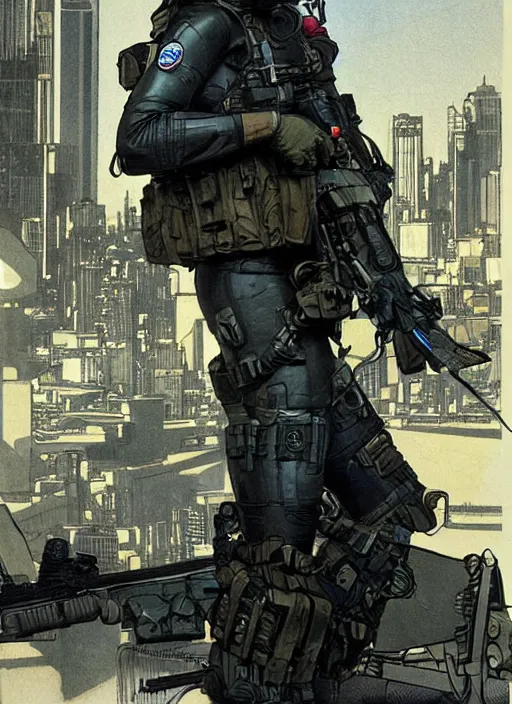 Image similar to Dinah. USN special forces operator looking at city skyline. Agent wearing Futuristic stealth suit. rb6s Concept art by James Gurney, Alphonso Mucha, matt rhodes.