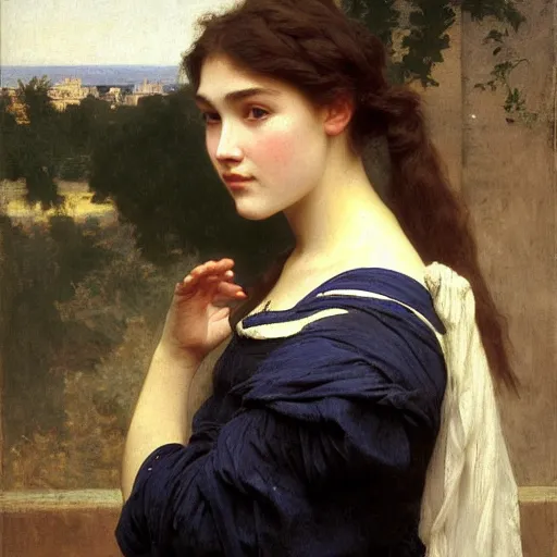 Image similar to Portrait of Florence Pugh, by William Adolphe Bouguereau, John Singer Sargent, Vermeer, serene