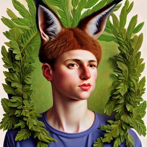 Image similar to fullbody portrait of humanoid anthropomorphic cute fluffy caracal with laurel wreath on his head, chaplet on head, illustration, high detail, francine van hove