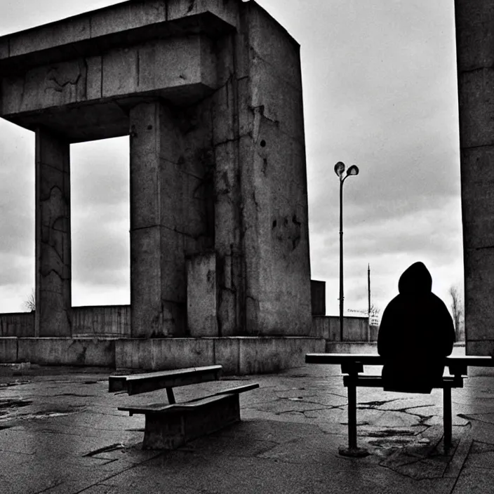 Prompt: sadie sink in hoodie sits on bench in ruined square, pedestrians walk by, old soviet monument. storyboard in the style of gabriel hardman. scifi cyberpunk. cinematic atmosphere, detailed and intricate, perfect anatomy