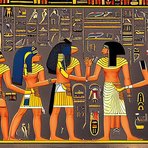 Prompt: Hieroglyphs presenting an Egyptian crowd prosterning in front of an Cleopatra, there is one western modern guy wearing a trenchcoat and a steampunk mask among them.