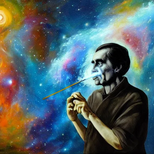 Prompt: an epic oil painting of carl sagan smoking a bong on the show cosmos, galaxies, nebulae, hubble, james webb space telescope, digital painting bioluminance / n 4