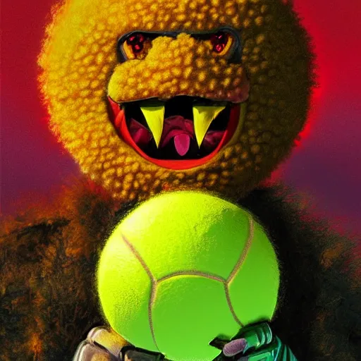 Prompt: a tennis ball monsters, wearing a puffy jacket,, digital art, fantasy, magic, chalk, trending on artstation, ultra detailed, professional illustration by basil gogos