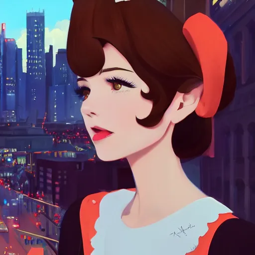 Image similar to portrait of a beautiful girl with dark hair dressed in 1950's fashion, city background, rich vivid colors, ambient lighting, dynamic lighting, 4k, HQ, official media, anime key visual, makoto shinkai, ilya kuvshinov, lois van baarle, rossdraws, detailed, trending on artstation