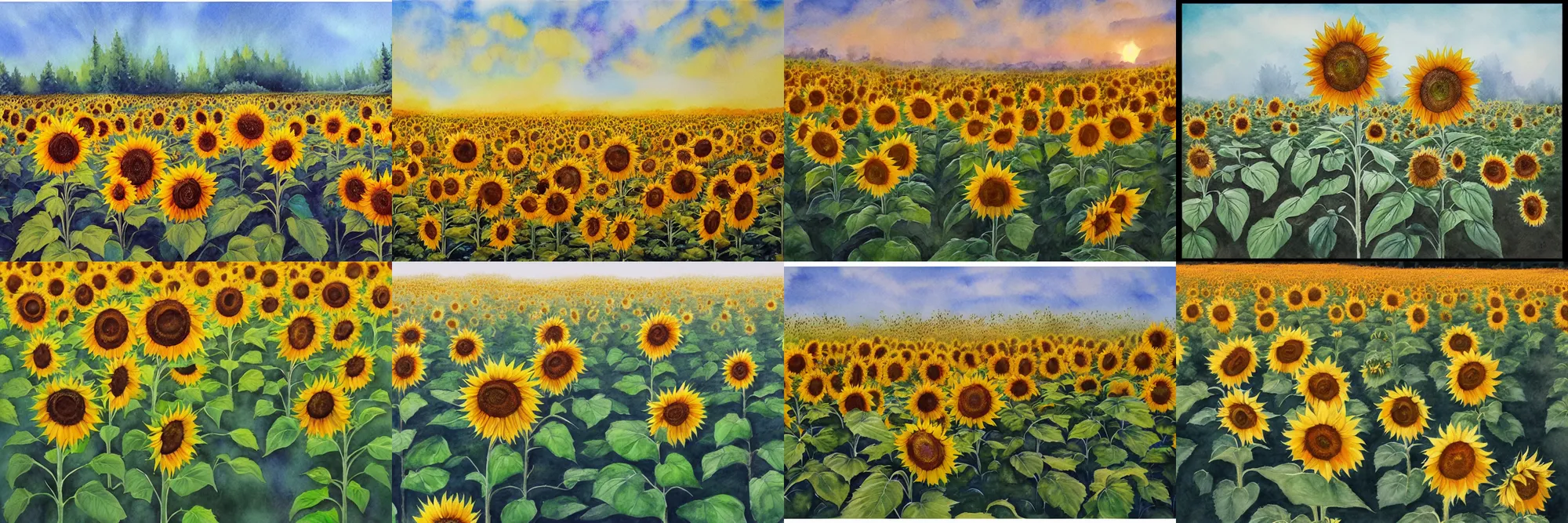 Prompt: Sunflower forest, high quality watercolors, award winning, trending on ArtStation