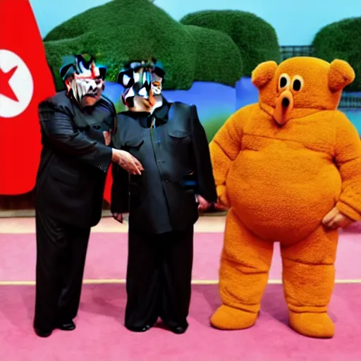 Prompt: kim jong - un hugging a teletubby