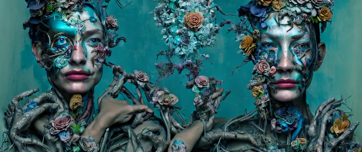 Image similar to hyperrealistic hyper detailed neo-surreal 35mm portrait of cyborg covered in rococo flower tattoos matte painting concept art hannah yata very dramatic dark teal lighting low angle hd 8k sharp shallow depth of field